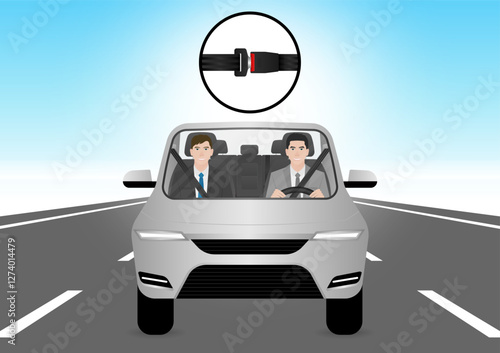 Man Fasten Seat Belt while Driving a Car. Safety First and Drive Safety Concept. 