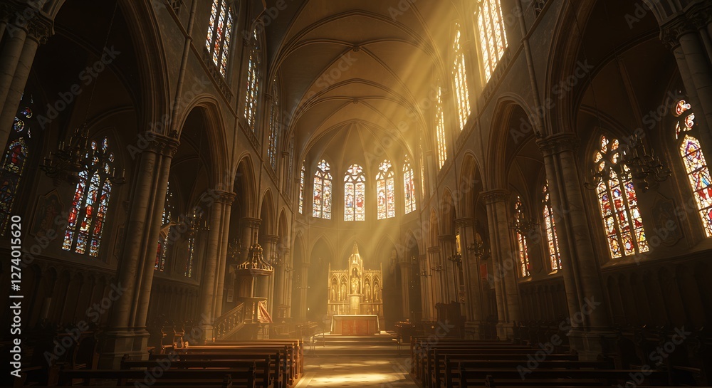 Fototapeta premium Christianity Church Interior Golden Light - Religious Architecture