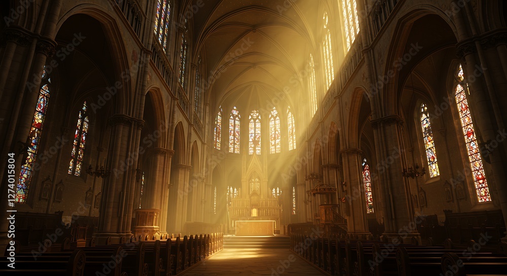 Obraz premium Christianity Church Interior Golden Light - Religious Architecture