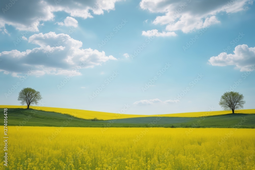 Fototapeta premium there are two trees in the middle of a field of yellow flowers