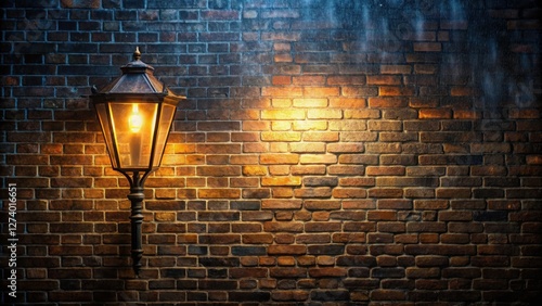 A solitary street light casts a warm and mysterious glow on a dark, wet brick wall, creating an atmospheric scene at midnight , mystery