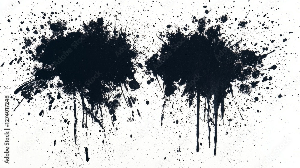 Bold Black Ink Blots with Dynamic Splashes on White Background Bold Black Ink Blots with Dynamic Splashes on White Background