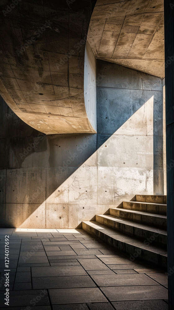 Modern Architectural Interior with Dramatic Light and Shadow on Concrete Staircase and Walls Modern Architectural Interior with Dramatic Light and Shadow on Concrete Staircase and Walls