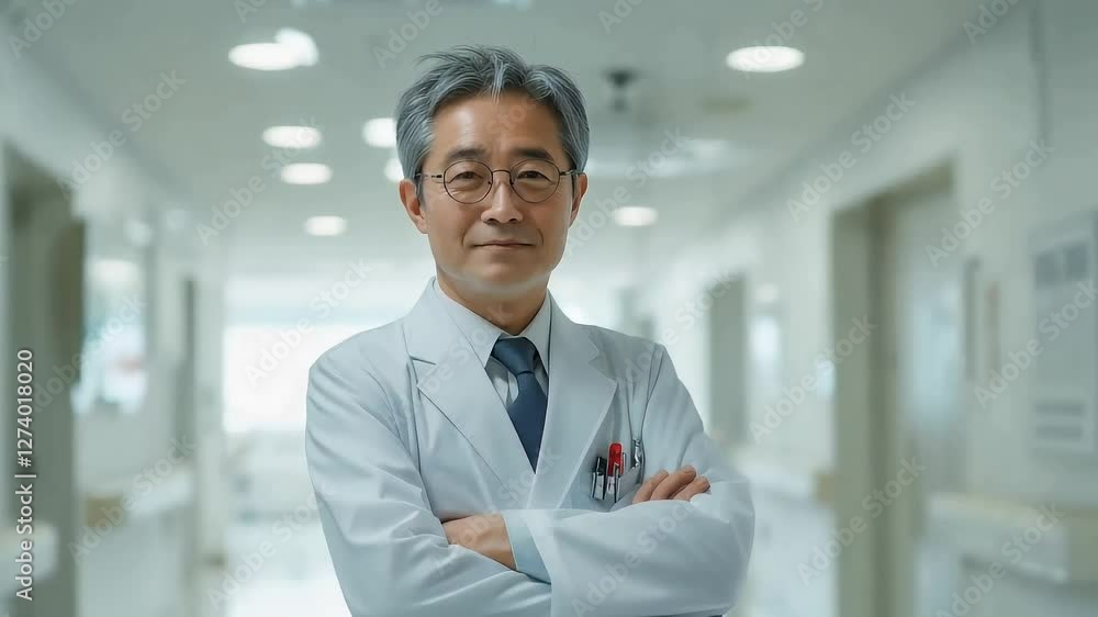 病院内で腕組みポーズをする、シニア世代の医者 病院内で腕組みポーズをする、シニア世代の医者