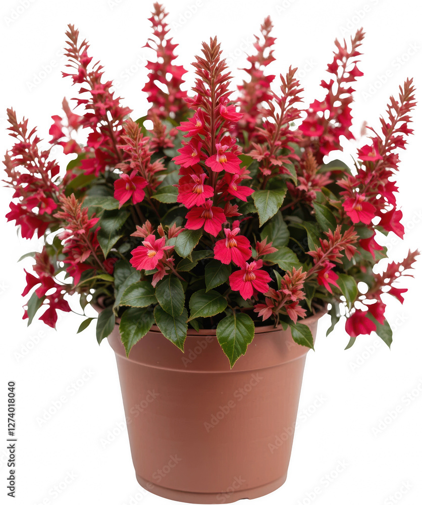 Naklejka premium Vibrant Red Cuphea in Terracotta Pot Lush Blooming Flowers Indoor Plant