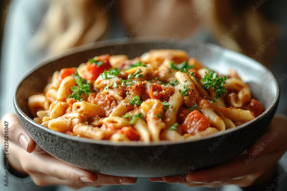 A delicious bowl of penne pasta in a rich tomato sauce, garnished with fresh parsley. A delicious bowl of penne pasta in a rich tomato sauce, garnished with fresh parsley.