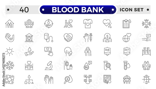 Blood Bank outline icon set with blood, donation, plasma, platelets, hemoglobin, apheresis, phlebotomy, transfusion, crossmatch blood bag, hearts, cute blood drop and rh factor.