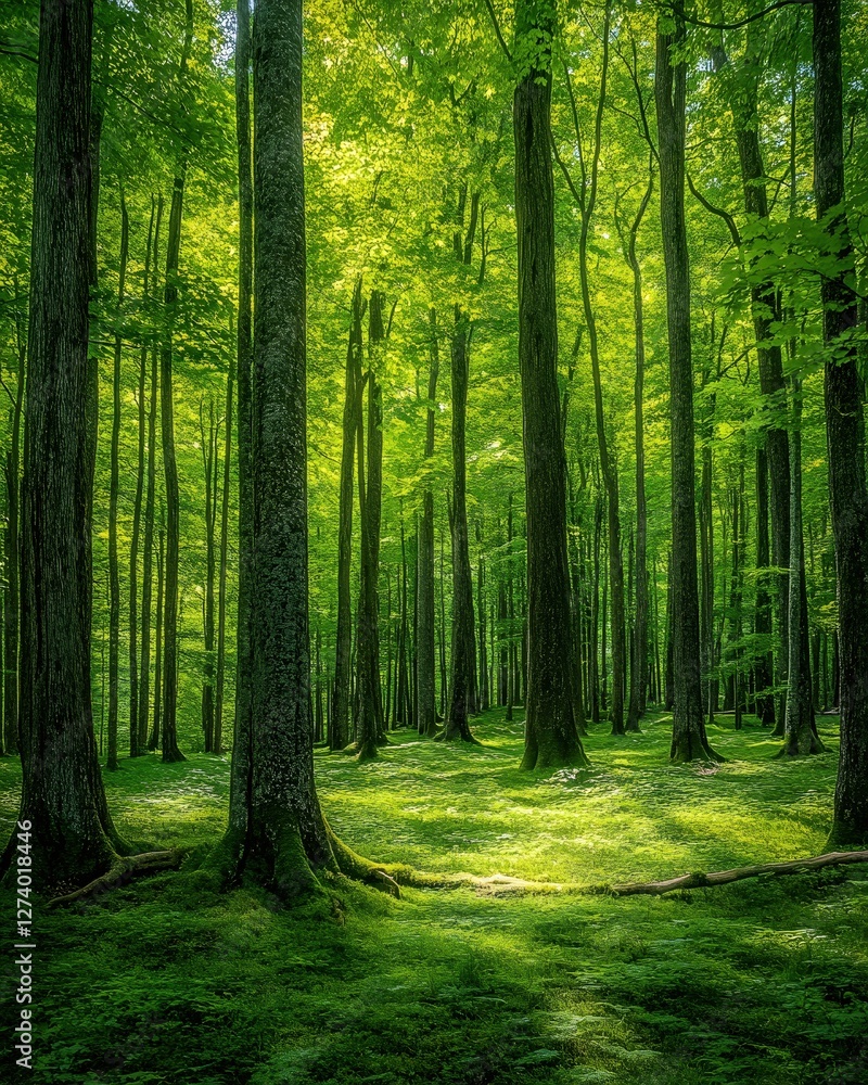 Enchanting Forest Scene with Lush Greenery and Sunlight Filtering Through Tall Trees Creating Serenity Enchanting Forest Scene with Lush Greenery and Sunlight Filtering Through Tall Trees Creating Serenity