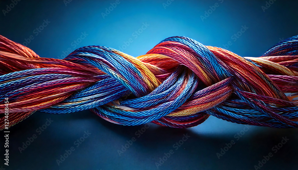 Vibrant, interwoven threads create a captivating abstract image perfect for concepts of connection, collaboration, or innovation. The rich colors and intricate knotting offer visual depth and texture. Vibrant, interwoven threads create a captivating abstract image perfect for concepts of connection, collaboration, or innovation. The rich colors and intricate knotting offer visual depth and texture.