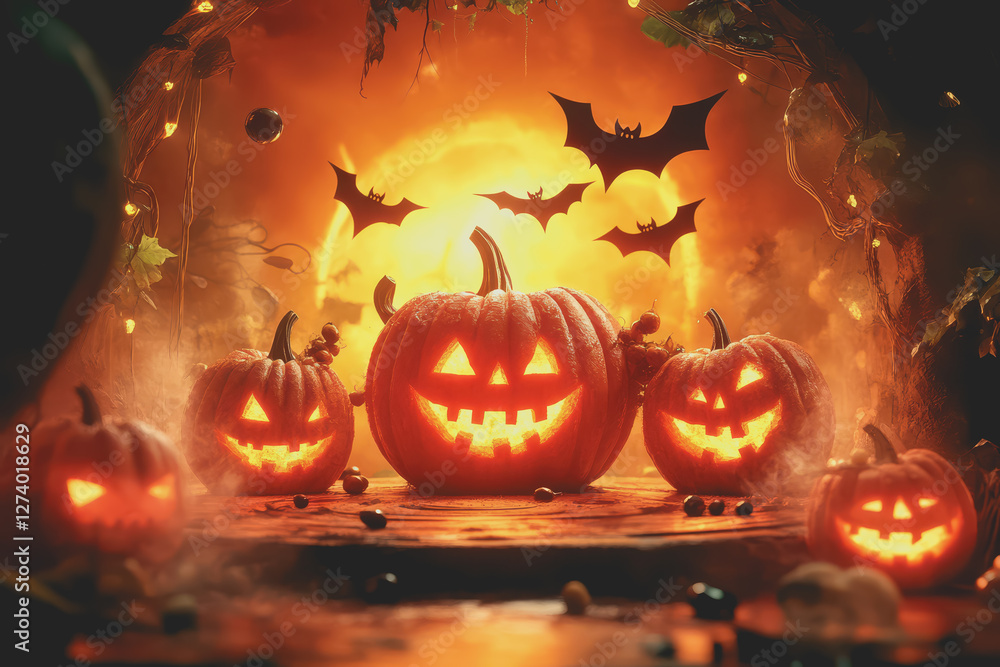 Fototapeta premium Halloween scene with pumpkin lanterns and bats flying along with a playful vampire.