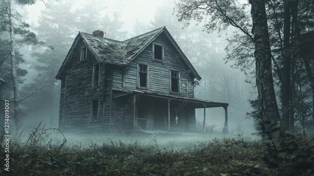 Eerie Abandoned House Surrounded by Fog and Trees in Mystic Forest Eerie Abandoned House Surrounded by Fog and Trees in Mystic Forest