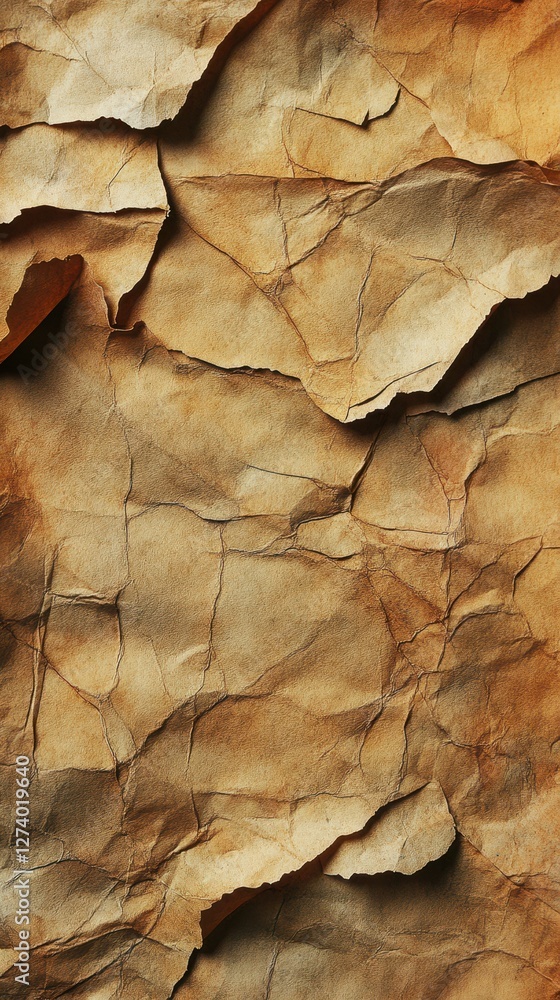 Crumpled brown paper texture showcasing intricate folds and creases in warm tones of orange and brown Crumpled brown paper texture showcasing intricate folds and creases in warm tones of orange and brown