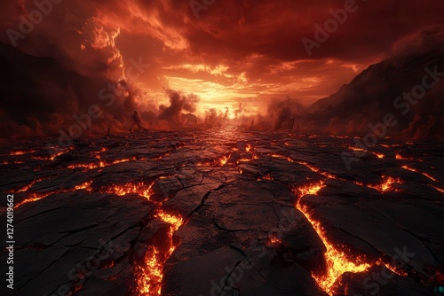 Tormented Souls Wander Through a Hellish Landscape of Fire and Smoke Beneath a Dark Red Sky. Generative AI