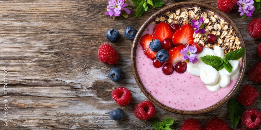 A colorful smoothie bowl topped with fresh berries, granola, and mint, beautifully arranged on a rustic wooden surface. A colorful smoothie bowl topped with fresh berries, granola, and mint, beautifully arranged on a rustic wooden surface.