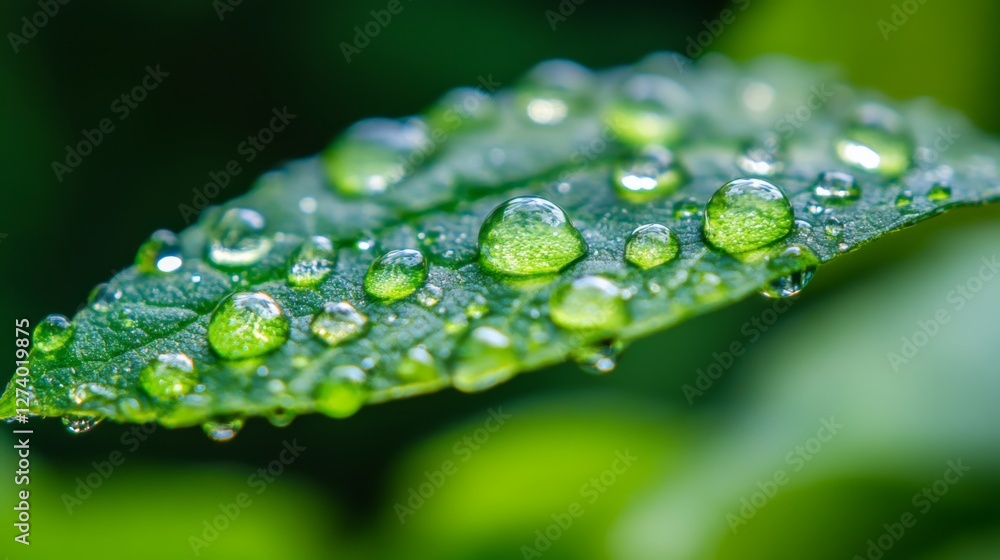 Dew drops on green leaf, close-up nature scene Dew drops on green leaf, close-up nature scene