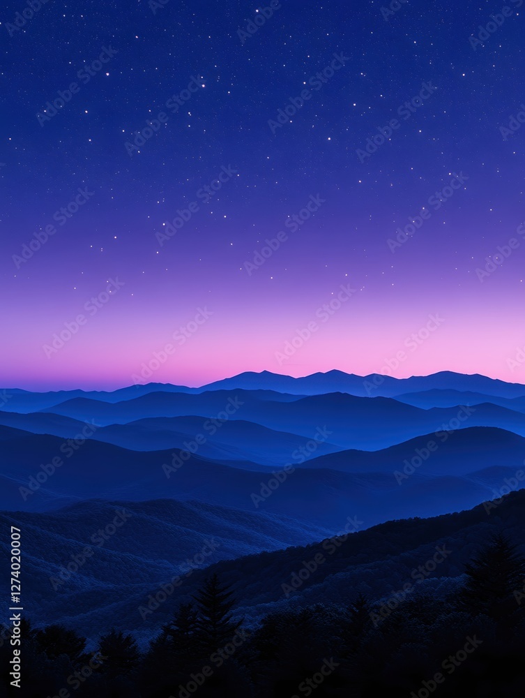 Serene Mountain Range Under a Starry Night Sky with Gradient Colors and Tranquil Atmosphere Serene Mountain Range Under a Starry Night Sky with Gradient Colors and Tranquil Atmosphere