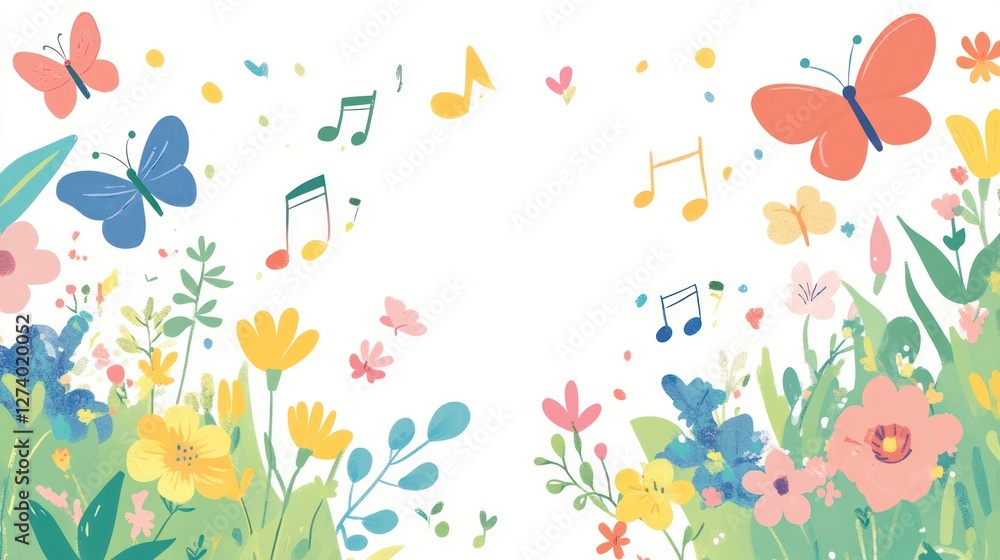 Fototapeta premium Colorful flowers and butterflies with musical notes. Children's illustration. Background of plants and insects. Ideal for cards, posters, or online