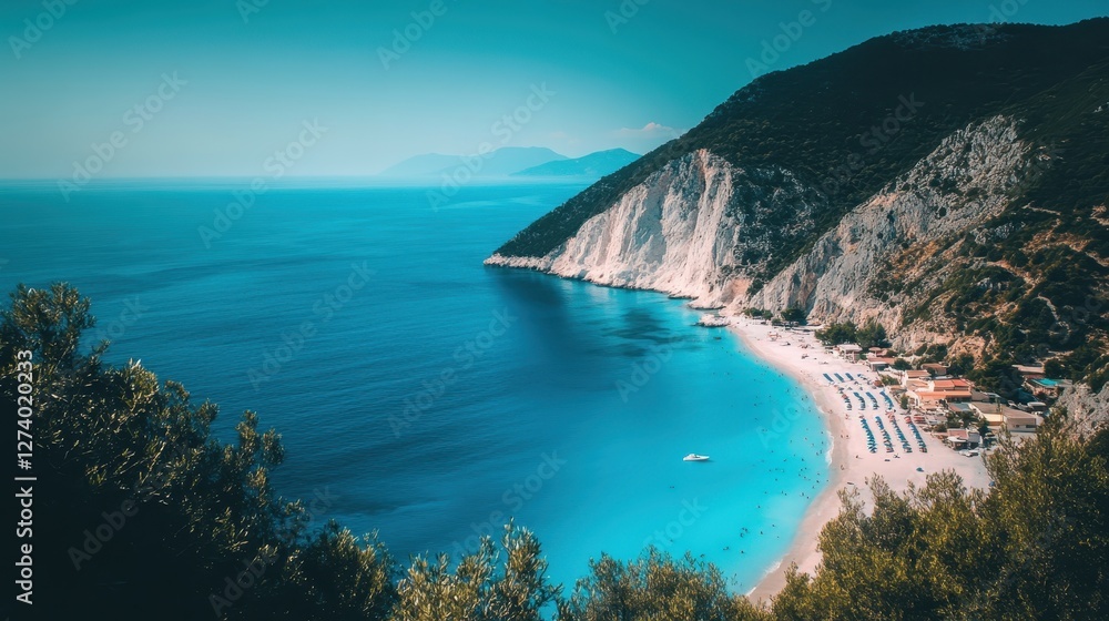Fototapeta premium Tropical beach with clear turquoise water and large rocks under blue sky on a sunny day