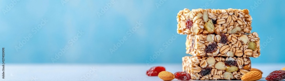 A stack of colorful granola bars is displayed against a light blue background, showcasing the textures and ingredients within the bars. A stack of colorful granola bars is displayed against a light blue background, showcasing the textures and ingredients within the bars.
