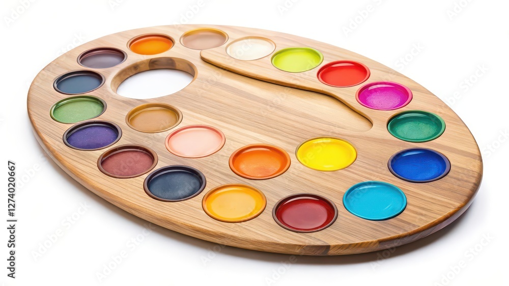 Wooden Artist Palette with Watercolors on White Background Wooden Artist Palette with Watercolors on White Background