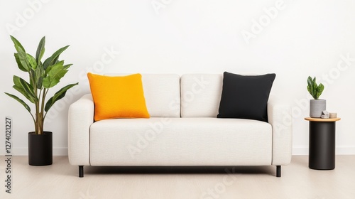 Minimalist living room with white sofa and colorful cushions.