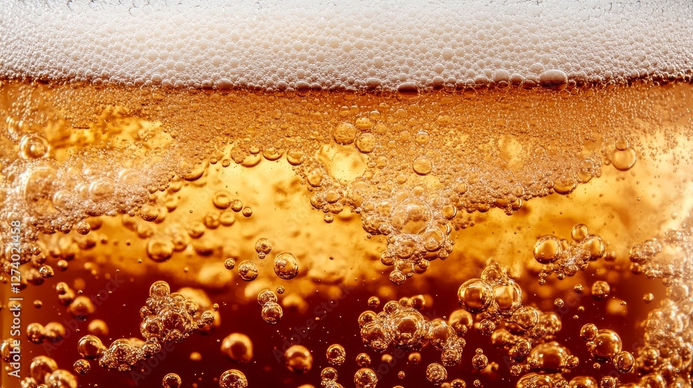 Closeup Brown Beverage Bubbles - Refreshing fizzy drink, golden amber color, carbonated texture, bubbles rising, cold beverage. Symbolizing refreshment, celebration, thirst quenching, relaxation Closeup Brown Beverage Bubbles - Refreshing fizzy drink, golden amber color, carbonated texture, bubbles rising, cold beverage. Symbolizing refreshment, celebration, thirst quenching, relaxation