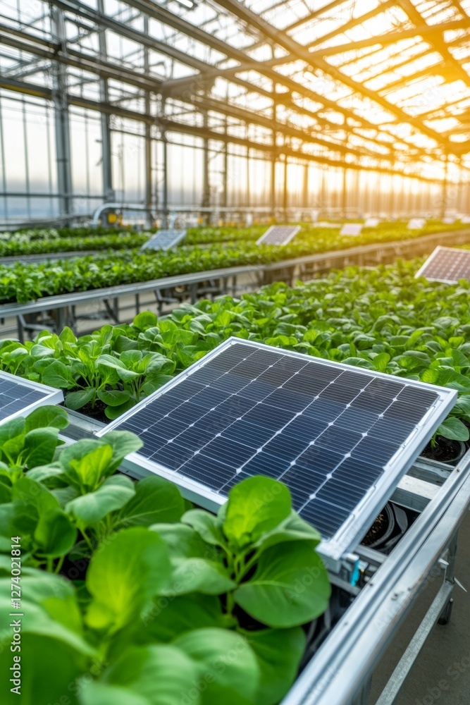 Fototapeta premium Sustainable greenhouse agriculture with solar panels and fresh green crops,agricultural setup concept