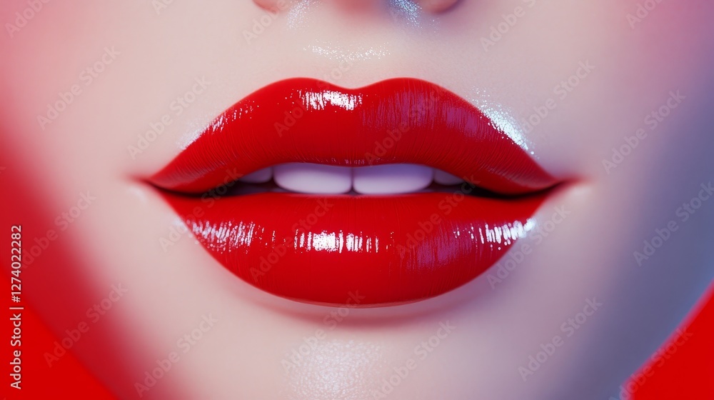 Obraz premium Close-Up Red Lips Glossy Smooth Skin Texture - Sensual, beauty, glamour, allure, cosmetic. A close-up shot of luscious red lips with a smooth skin texture