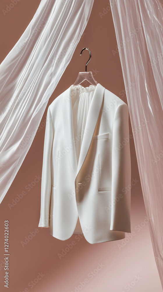 Elegant white blazer showcased against soft drapes in a stylish display for fashion enthusiasts and designers, perfect for mockup Elegant white blazer showcased against soft drapes in a stylish display for fashion enthusiasts and designers, perfect for mockup