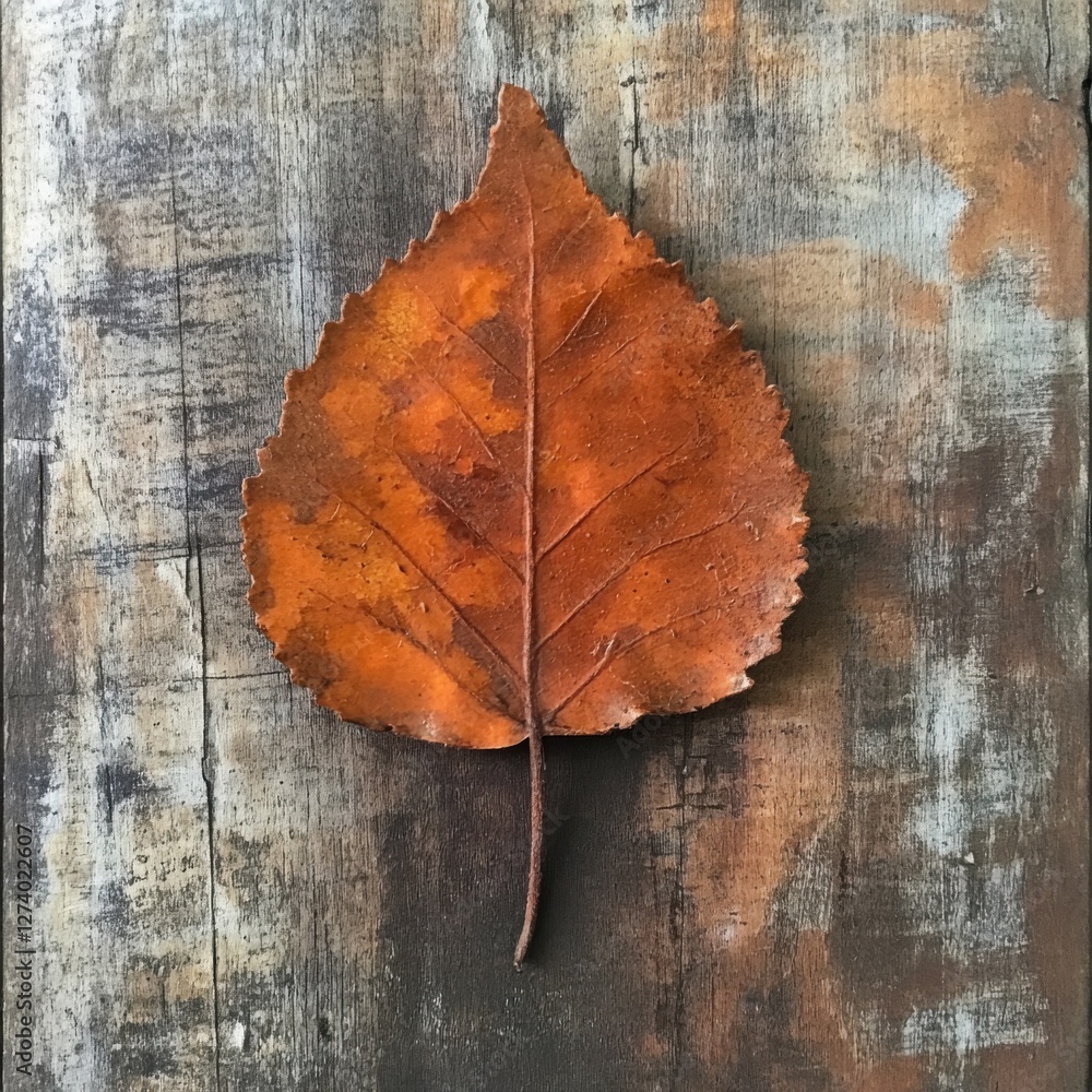 Autumn Leaf on Rustic Wood Surface Autumn Leaf on Rustic Wood Surface