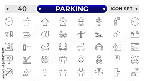 parking outline icons related to road, street, drive, crosswalk, highway, traffic, lights, gps, bridge, roundabout, directions, barrier.