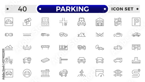 parking outline icons related to road, street, drive, crosswalk, highway, traffic, lights, gps, bridge, roundabout, directions, barrier.