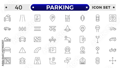 parking outline icons related to road, street, drive, crosswalk, highway, traffic, lights, gps, bridge, roundabout, directions, barrier.