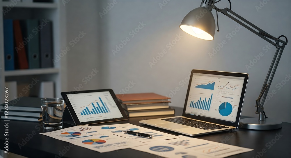 Fototapeta premium Analyzing Data Charts on Laptop and Tablet at Night