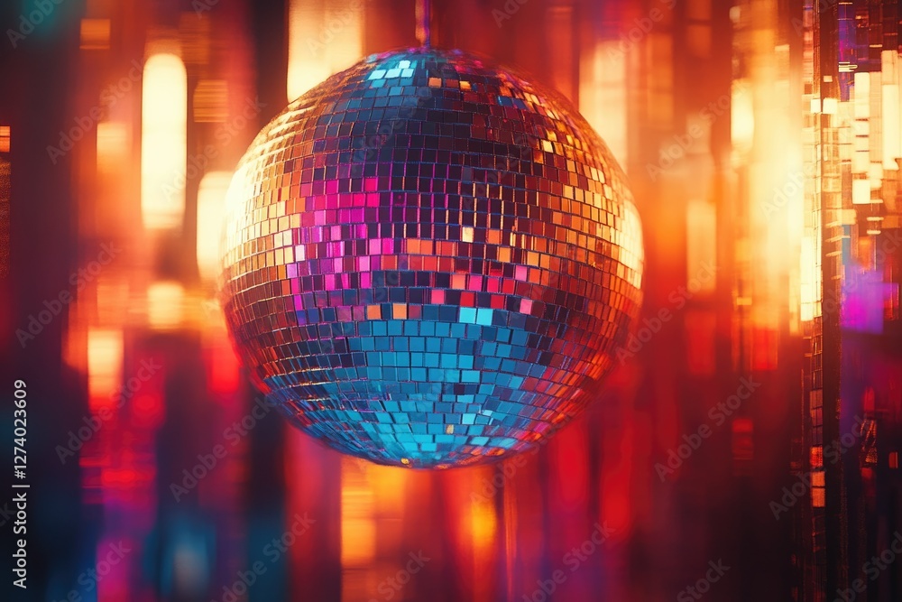 Obraz premium A disco ball hangs in a vibrant, colorful, neon-lit nightclub setting.