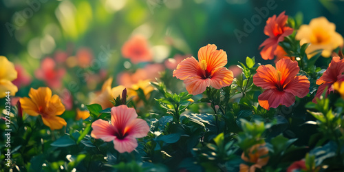 A tropical flower field bursting with colorful hibiscus blooms, zooming in on a group of radiant red and orange flowers with lush green foliage.