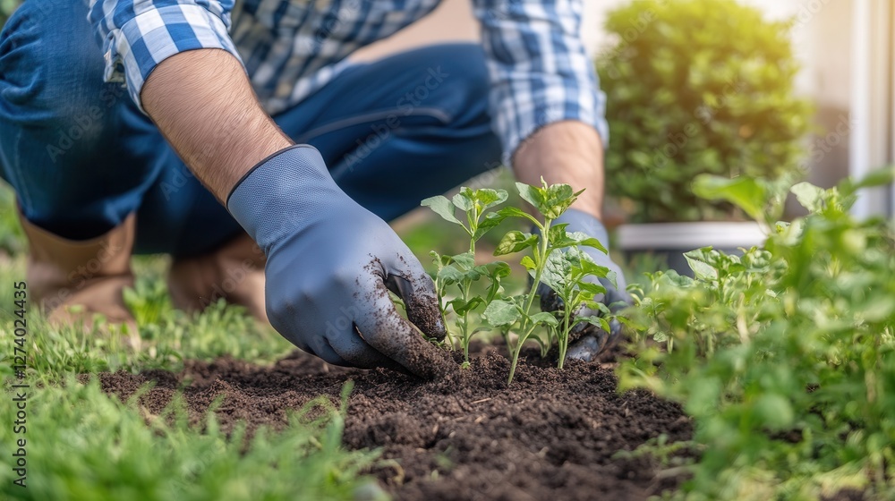 Fototapeta premium Young adult male gardening in blue gloves planting green seedlings outdoors.