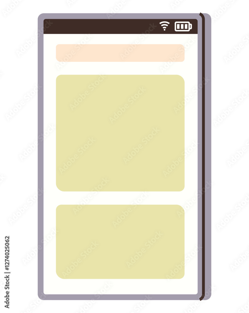 Smartphone screen with header, navigation icons, and two rectangular content placeholders. Ideal for UI design, technology, information, communication, education, business and mobile applications Smartphone screen with header, navigation icons, and two rectangular content placeholders. Ideal for UI design, technology, information, communication, education, business and mobile applications