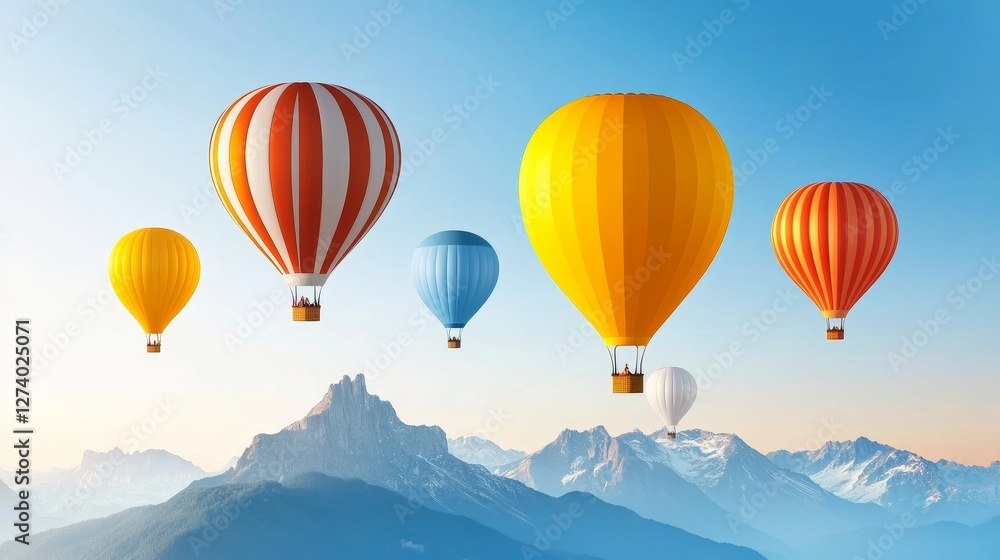 Colorful Hot Air Balloons Soaring Over Majestic Mountains - Five vibrant hot air balloons ascend above a snow-capped mountain range at sunrise, symbolizing adventure, freedom, aspiration, exploration Colorful Hot Air Balloons Soaring Over Majestic Mountains - Five vibrant hot air balloons ascend above a snow-capped mountain range at sunrise, symbolizing adventure, freedom, aspiration, exploration