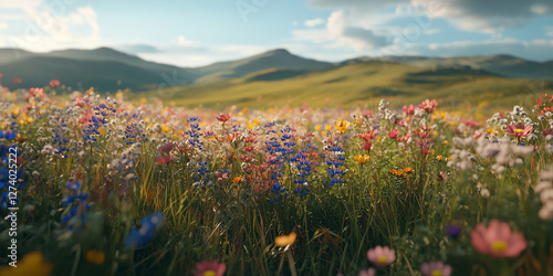 A vibrant, cinematic shot of wildflowers, against a bright hills, with the camera capturing a slight movement