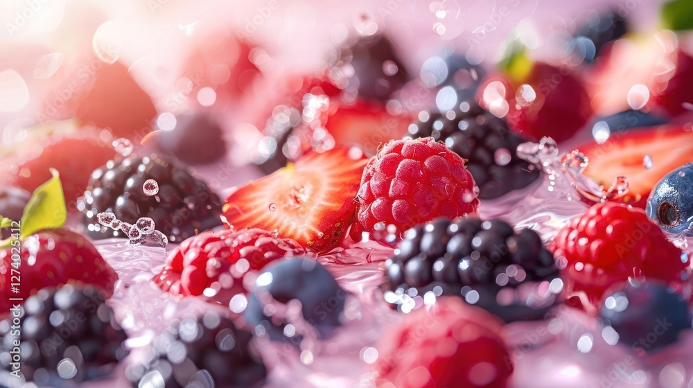 A vibrant assortment of fresh berries splashing in water, showcasing freshness and vitality. A vibrant assortment of fresh berries splashing in water, showcasing freshness and vitality.