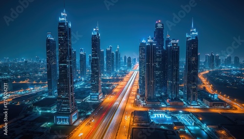 Night aerial view of illuminated Riyadh city, Saudi Arabia. Cityscape features modern architecture, skyscrapers in dark. Car trails along highway create beautiful light. Urban landscape shows