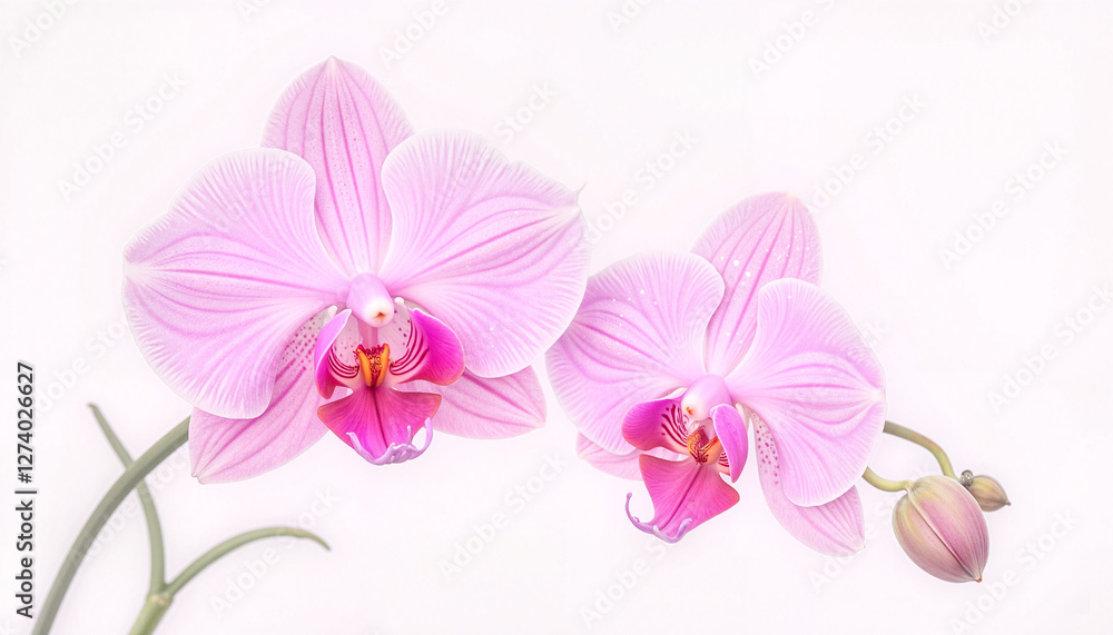Obraz premium Delicate pink orchids blooming on white background, nature's beauty