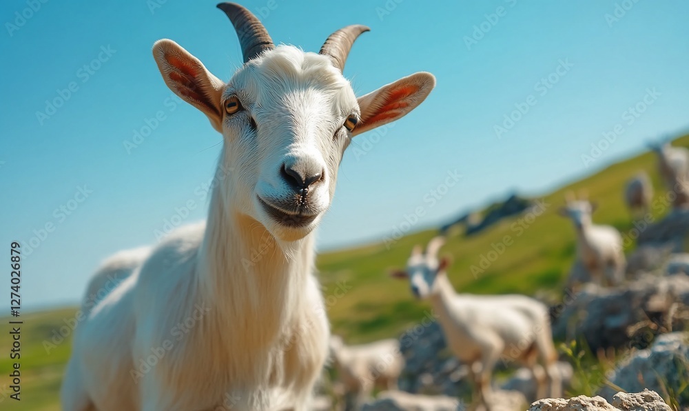 Curious Goat Gazing on a Sunny Hillside with a Herd in the Background Curious Goat Gazing on a Sunny Hillside with a Herd in the Background
