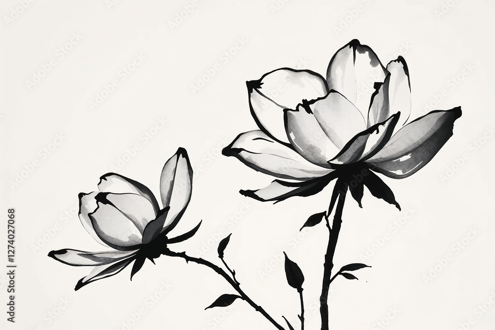 Obraz premium Black and white ink flowers on white background