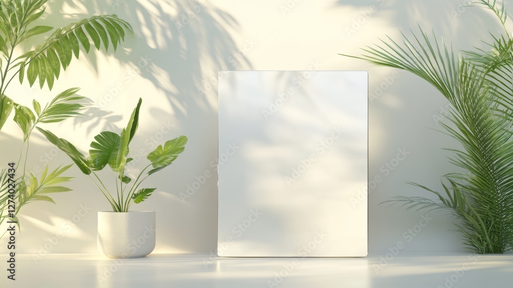Minimalist botanical scene with blank canvas and sunlit shadows Minimalist botanical scene with blank canvas and sunlit shadows