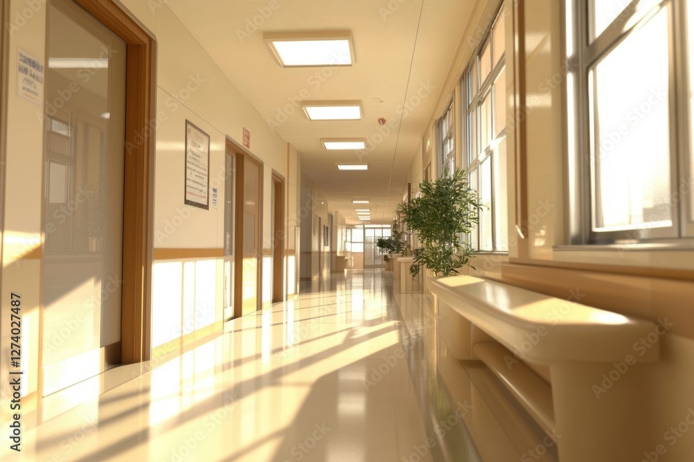 Fototapeta premium Empty Hallway Shines with Natural Light and Greenery, Modern Interior Design Concept