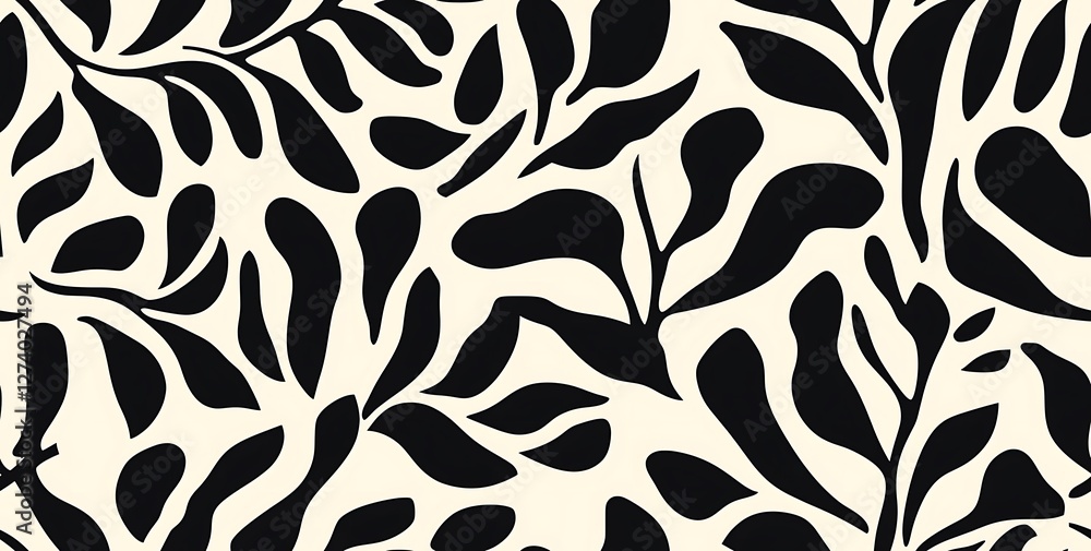 Black and white, hand-drawn floral tropical leaves on a cream background seamless pattern Black and white, hand-drawn floral tropical leaves on a cream background seamless pattern