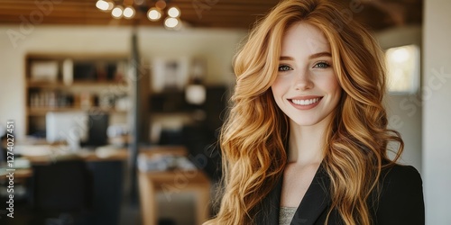 Confident Young Woman with Red Hair Smiles Glowing in Modern Airy Workspace, Portrait photo