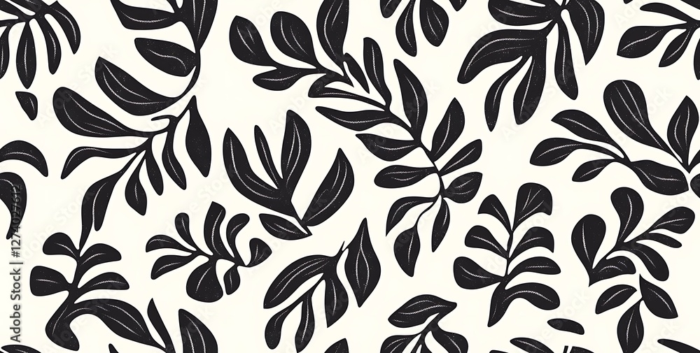 Black and white, hand-drawn floral tropical leaves on a cream background seamless pattern Black and white, hand-drawn floral tropical leaves on a cream background seamless pattern